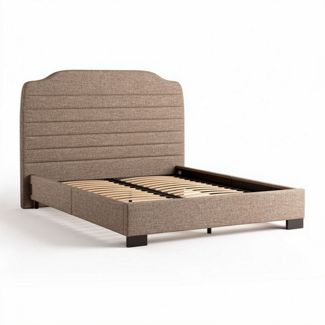 Upholstered queen bed frame with wooden slats and headboard in beige color