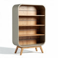 Wooden bookshelf with six shelves and curved edges in gray and oak finish