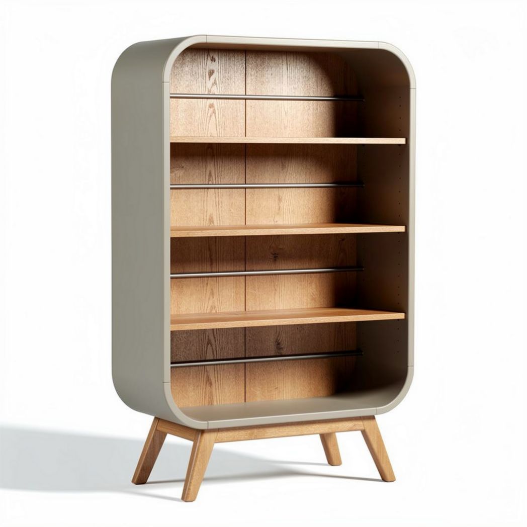 Wooden bookshelf with six shelves and curved edges in gray and oak finish