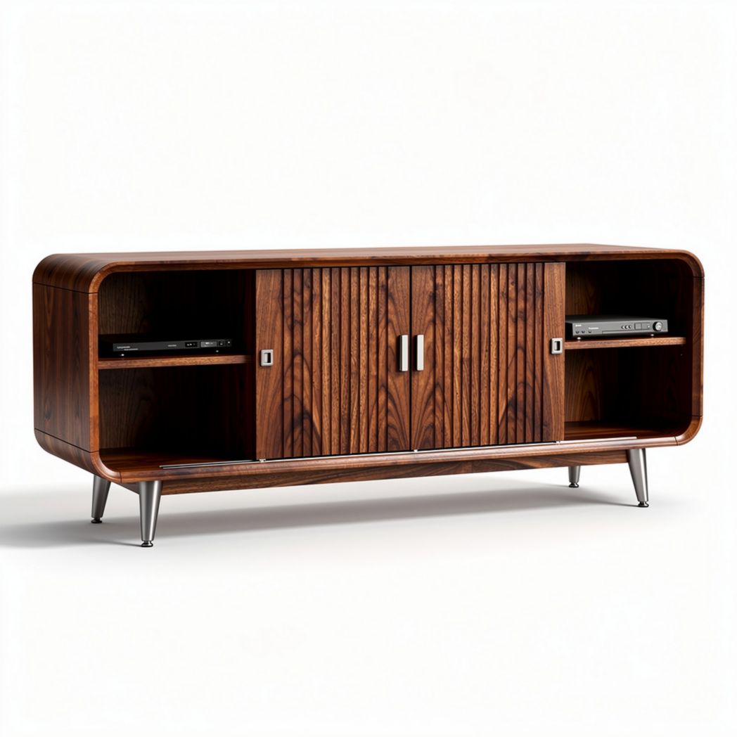 Wooden media console with sliding doors 150 x 40 x 50cm in walnut finish
