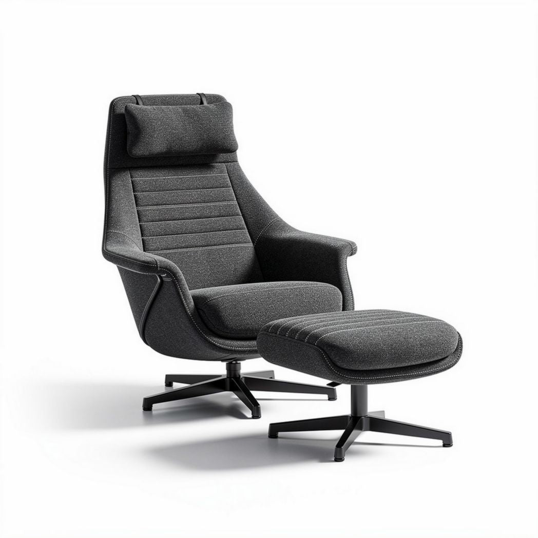 Mid-century modern adjustable lounge chair with ottoman in gray fabric