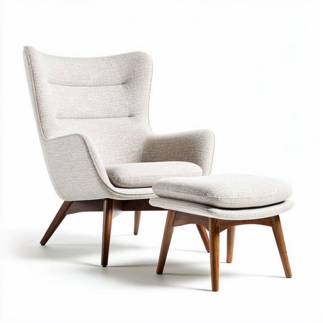 Upholstered accent chair with matching ottoman in gray fabric and wood legs