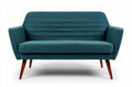 Mid-century modern two-seater sofa in teal fabric with wooden legs 150 x 80 x 80cm