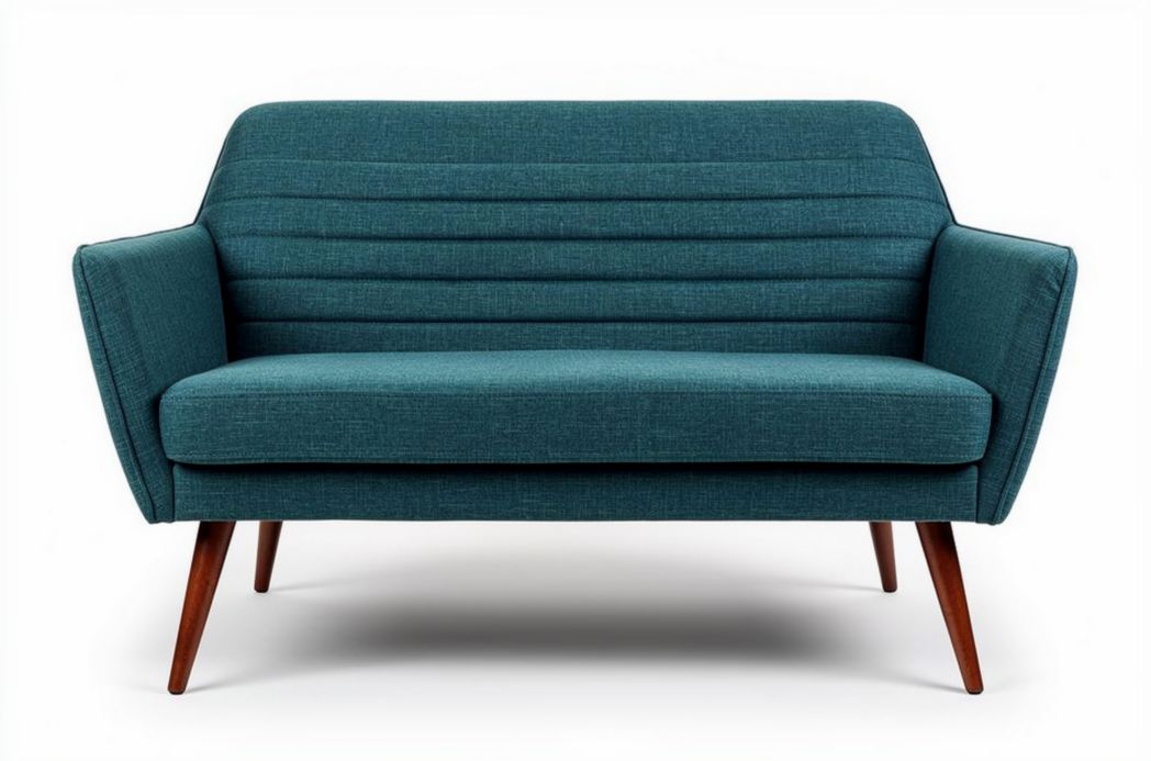 Mid-century modern two-seater sofa in teal fabric with wooden legs 150 x 80 x 80cm